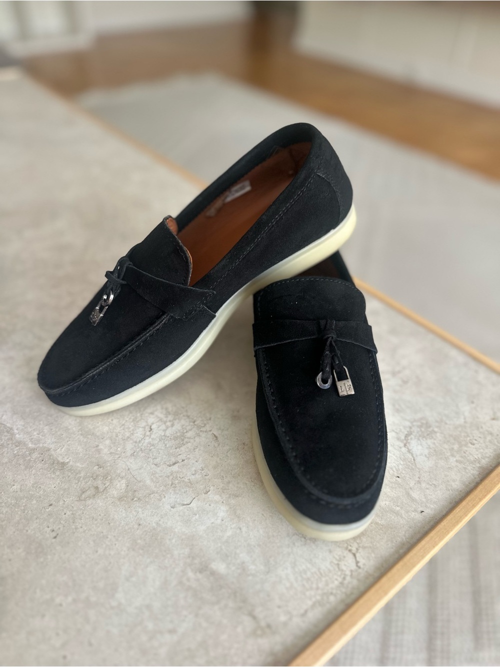 100% Leather Romano Black Suede Tassel Slip-On Loafers in LP style N.38